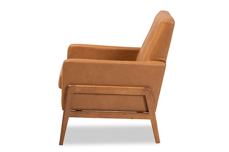Maddock Tan Faux Leather Upholstered and Walnut Brown Lounge Chair Baxton