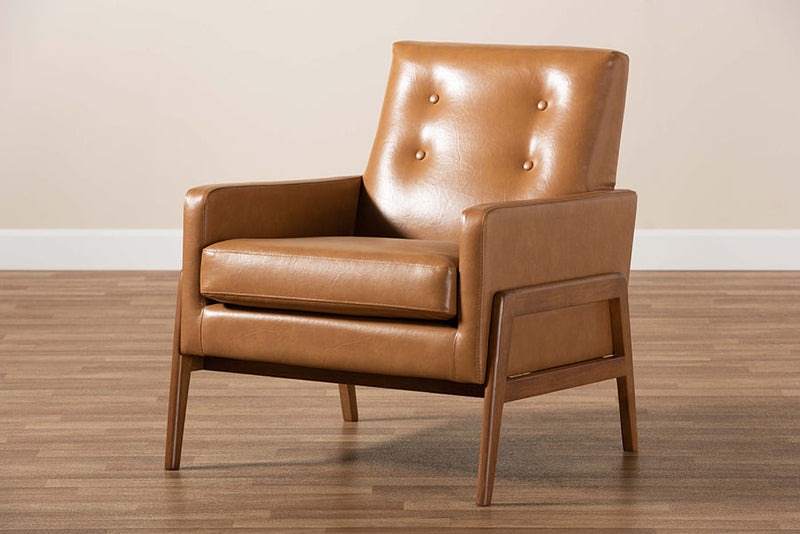 Maddock Tan Faux Leather Upholstered and Walnut Brown Lounge Chair Baxton