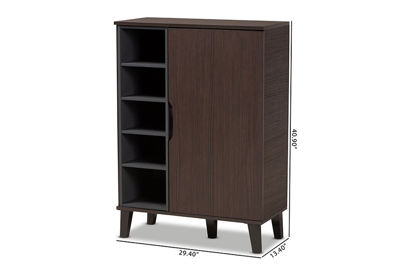 Emmali Mid-Century Modern Two-Tone Dark Brown and Gray Finished Wood 1-Door Shoe Cabinet