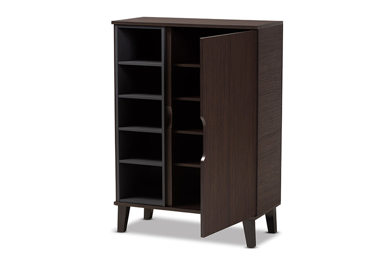 Emmali Mid-Century Modern Two-Tone Dark Brown and Gray Finished Wood 1-Door Shoe Cabinet