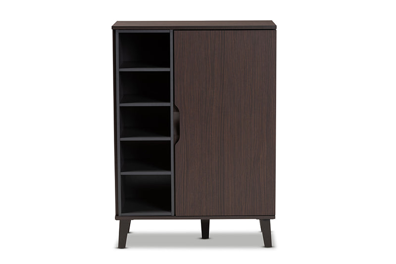 Emmali Mid-Century Modern Two-Tone Dark Brown and Gray Finished Wood 1-Door Shoe Cabinet