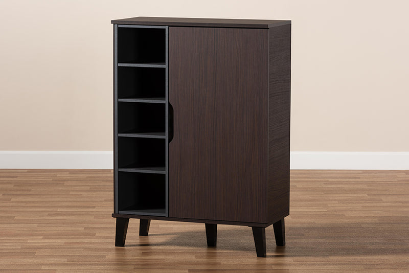 Emmali Mid-Century Modern Two-Tone Dark Brown and Gray Finished Wood 1-Door Shoe Cabinet