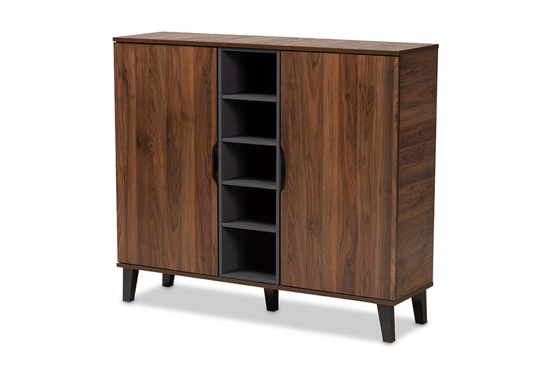 Emmali Mid-Century Modern Two-Tone Walnut Brown and Gray Finished Wood 2-Door Shoe Cabinet