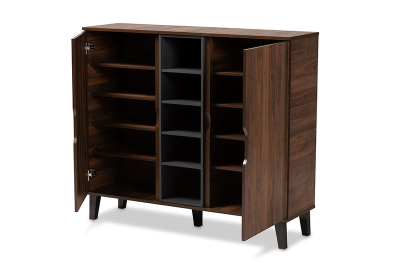 Emmali Mid-Century Modern Two-Tone Walnut Brown and Gray Finished Wood 2-Door Shoe Cabinet