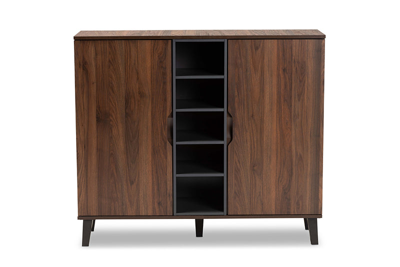 Emmali Mid-Century Modern Two-Tone Walnut Brown and Gray Finished Wood 2-Door Shoe Cabinet