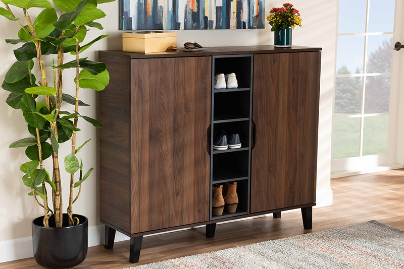 Emmali Mid-Century Modern Two-Tone Walnut Brown and Gray Finished Wood 2-Door Shoe Cabinet