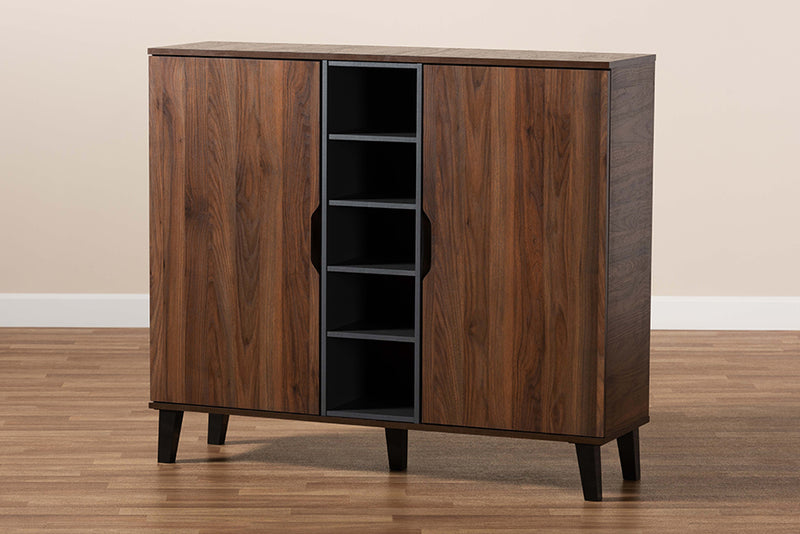 Emmali Mid-Century Modern Two-Tone Walnut Brown and Gray Finished Wood 2-Door Shoe Cabinet