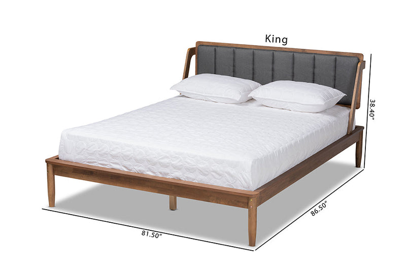 Verina Dark Gray Fabric Upholstered and Walnut Finished Queen Size Platform Bed Baxton