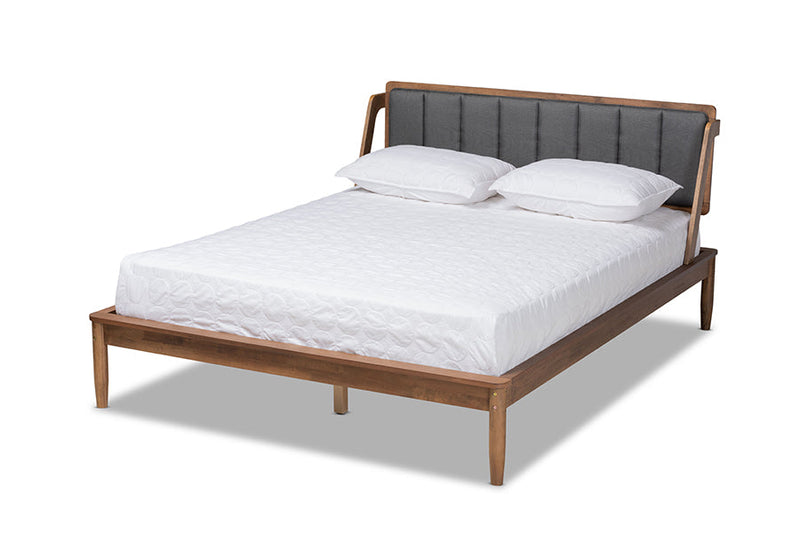 Verina Dark Gray Fabric Upholstered and Walnut Finished Queen Size Platform Bed Baxton