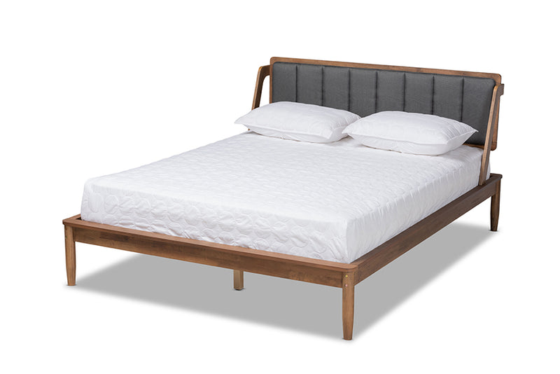 Verina Mid-Century Modern Dark Gray Fabric Upholstered and Walnut Finished Full Size Platform Bed