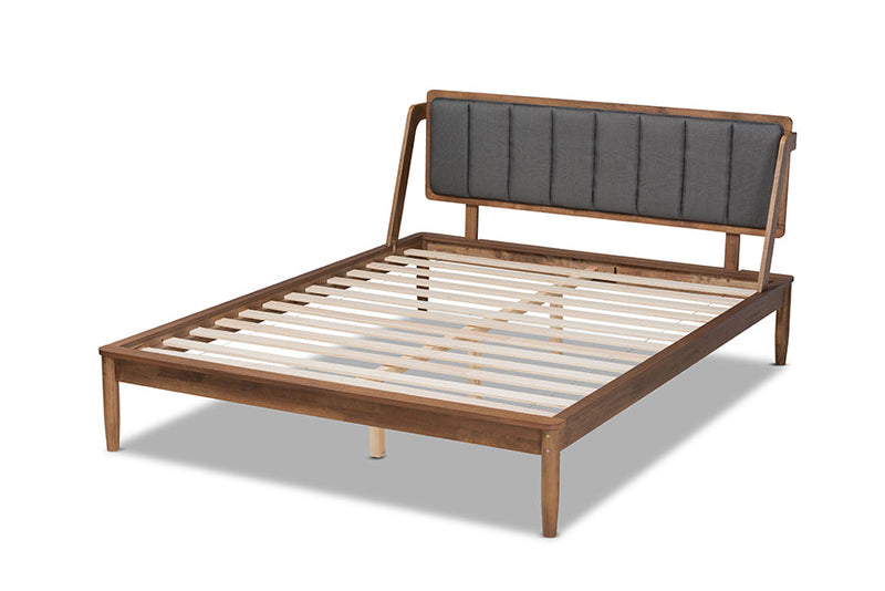 Verina Dark Gray Fabric Upholstered and Walnut Finished Queen Size Platform Bed Baxton