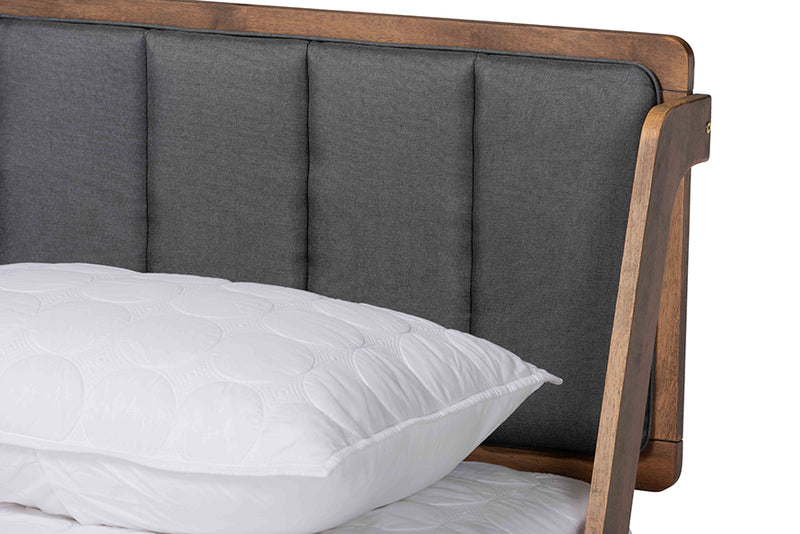 Verina Mid-Century Modern Dark Gray Fabric Upholstered and Walnut Finished Full Size Platform Bed