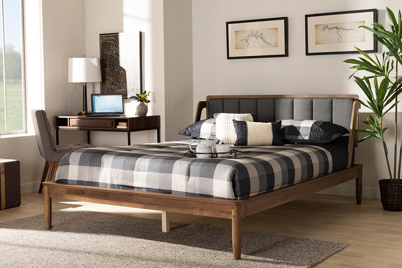 Verina Mid-Century Modern Dark Gray Fabric Upholstered and Walnut Finished Full Size Platform Bed