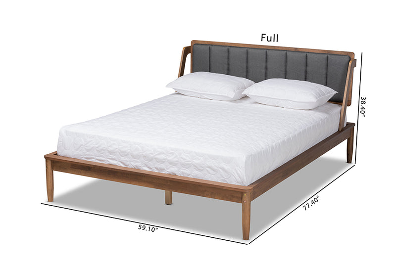 Verina Mid-Century Modern Dark Gray Fabric Upholstered and Walnut Finished Full Size Platform Bed