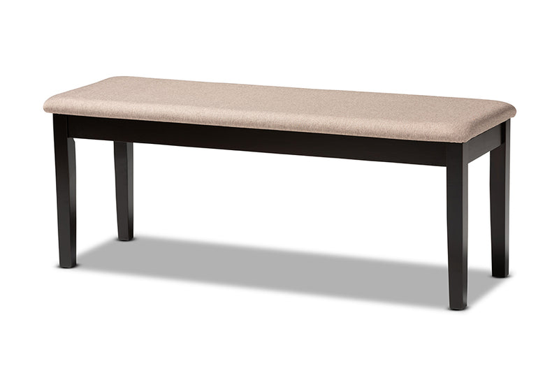 Flannery Modern and Contemporary Sand Fabric Upholstered and Dark Brown Finished Wood Dining Bench