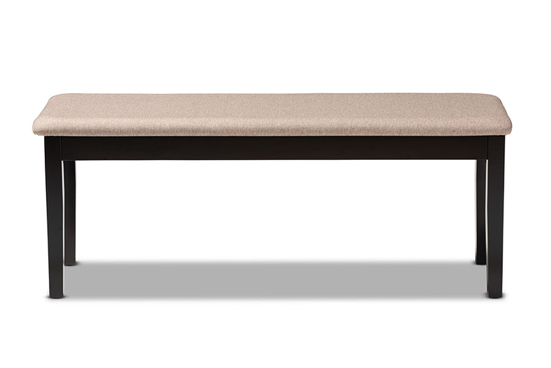 Flannery Modern and Contemporary Sand Fabric Upholstered and Dark Brown Finished Wood Dining Bench