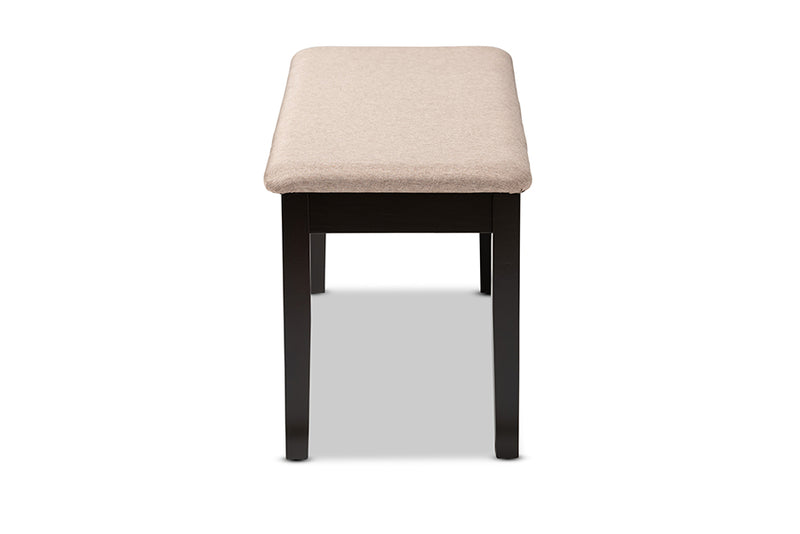 Flannery Modern and Contemporary Sand Fabric Upholstered and Dark Brown Finished Wood Dining Bench