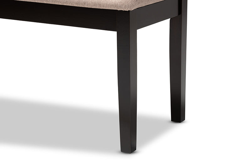 Flannery Modern and Contemporary Sand Fabric Upholstered and Dark Brown Finished Wood Dining Bench