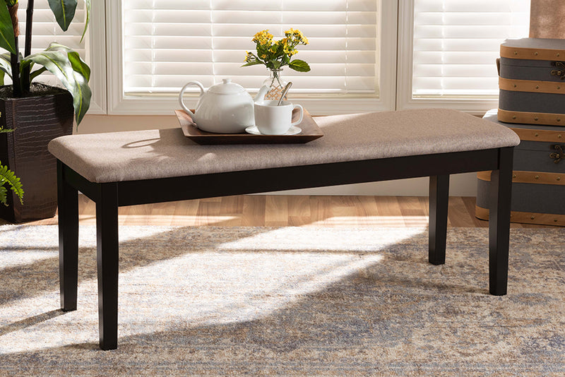 Flannery Modern and Contemporary Sand Fabric Upholstered and Dark Brown Finished Wood Dining Bench