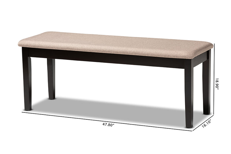 Flannery Modern and Contemporary Sand Fabric Upholstered and Dark Brown Finished Wood Dining Bench