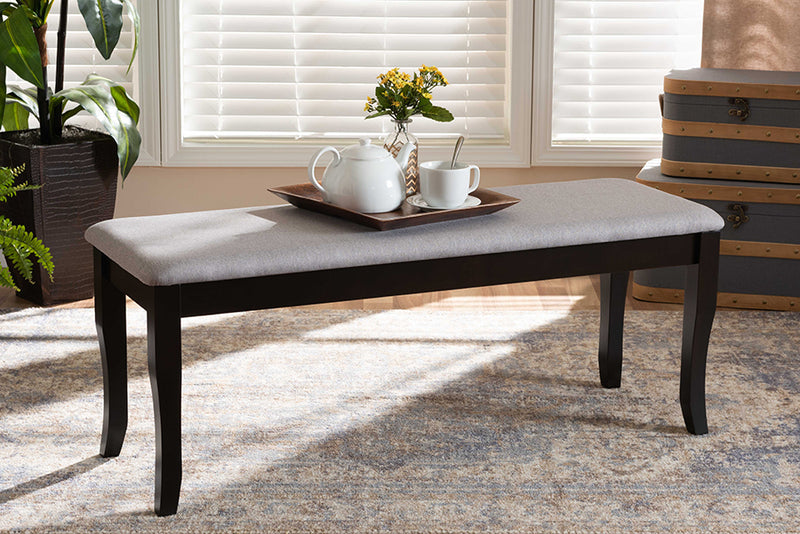 Golda Modern and Contemporary Gray Fabric Upholstered and Dark Brown Finished Wood Dining Bench