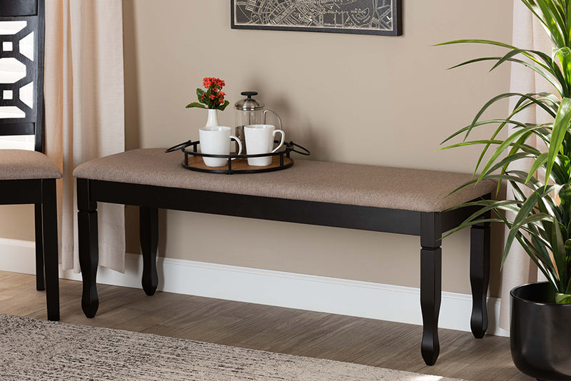 Elwyn Modern and Contemporary Sand Fabric Upholstered and Dark Brown Finished Wood Dining Bench