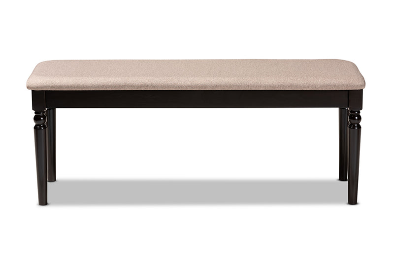 Jensen Modern and Contemporary Sand Fabric Upholstered and Dark Brown Finished Wood Dining Bench