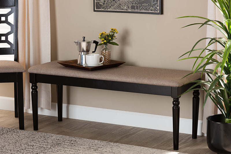 Jensen Modern and Contemporary Sand Fabric Upholstered and Dark Brown Finished Wood Dining Bench 