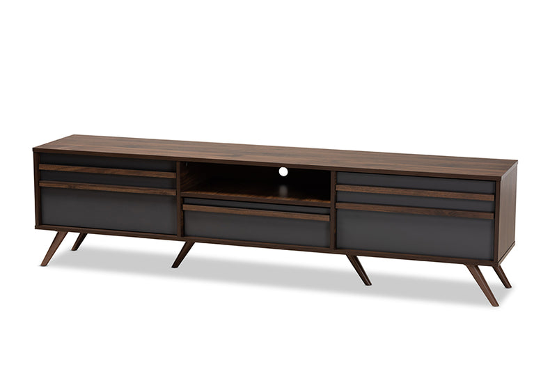 Pease Modern and Contemporary Two-Tone Gray and Walnut Finished Wood TV Stand w/Drop-Down Compartments