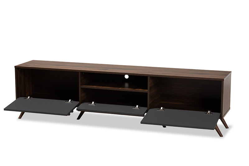 Pease Modern and Contemporary Two-Tone Gray and Walnut Finished Wood TV Stand w/Drop-Down Compartments