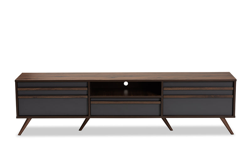 Pease Modern and Contemporary Two-Tone Gray and Walnut Finished Wood TV Stand w/Drop-Down Compartments