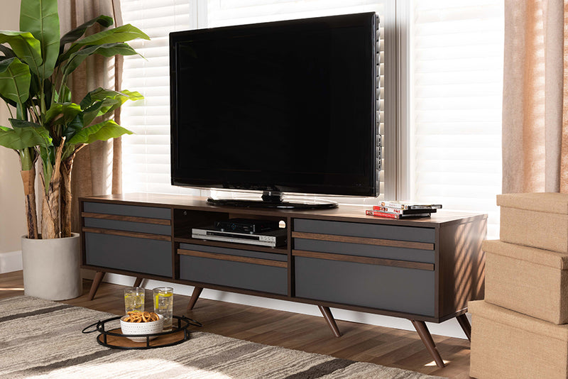 Pease Modern and Contemporary Two-Tone Gray and Walnut Finished Wood TV Stand w/Drop-Down Compartments