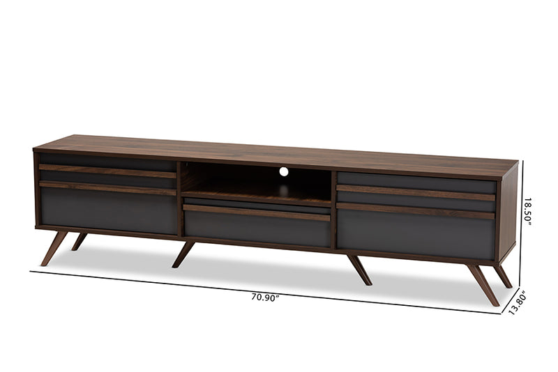 Pease Modern and Contemporary Two-Tone Gray and Walnut Finished Wood TV Stand w/Drop-Down Compartments