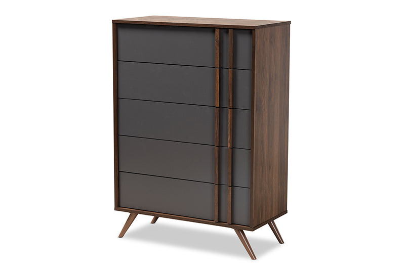 Pease Modern and Contemporary Two-Tone Gray and Walnut Finished Wood 5-Drawer Bedroom Chest