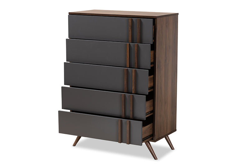 Pease Modern and Contemporary Two-Tone Gray and Walnut Finished Wood 5-Drawer Bedroom Chest