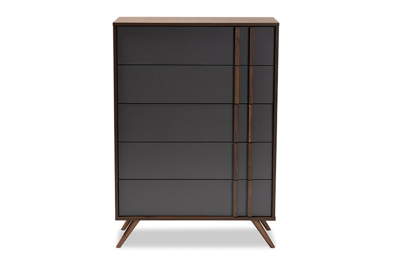 Pease Two-Tone Gray and Walnut 5-Drawer Bedroom Chest Baxton