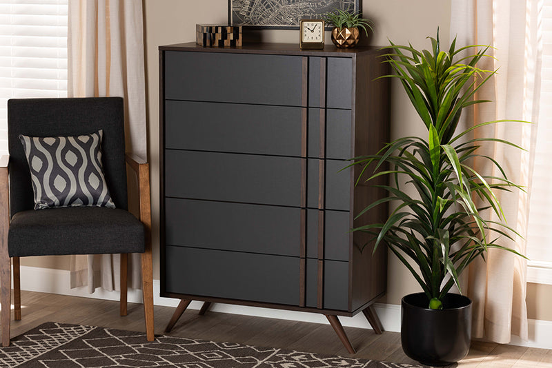 Pease Modern and Contemporary Two-Tone Gray and Walnut Finished Wood 5-Drawer Bedroom Chest