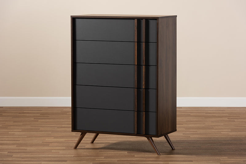 Pease Modern and Contemporary Two-Tone Gray and Walnut Finished Wood 5-Drawer Bedroom Chest