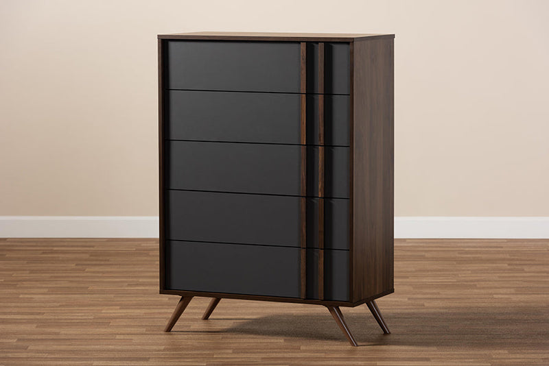 Pease Two-Tone Gray and Walnut 5-Drawer Bedroom Chest Baxton