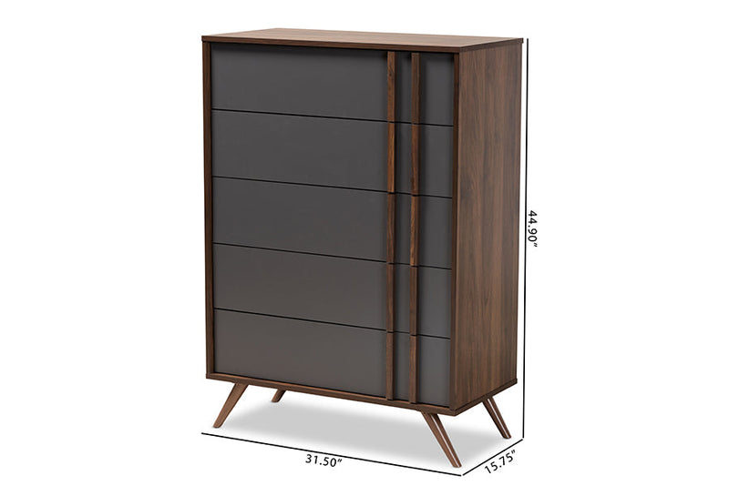 Pease Two-Tone Gray and Walnut 5-Drawer Bedroom Chest Baxton