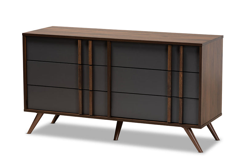 Pease Two-Tone Gray and Walnut 6-Drawer Bedroom Dresser Baxton