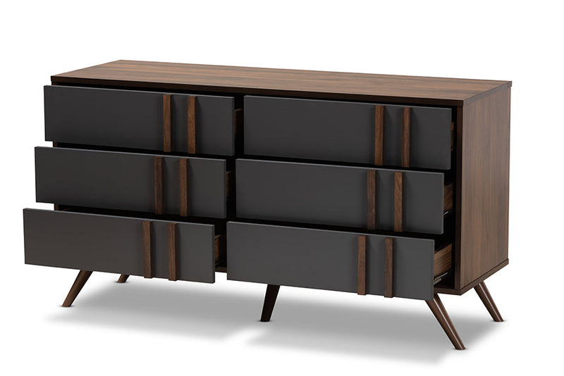 Pease Two-Tone Gray and Walnut 6-Drawer Bedroom Dresser Baxton