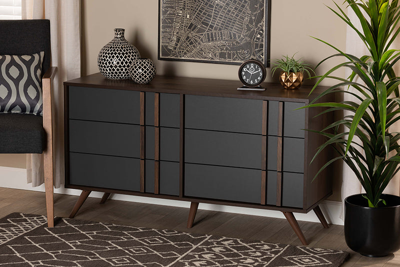 Pease Modern and Contemporary Two-Tone Gray and Walnut Finished Wood 6-Drawer Bedroom Dresser