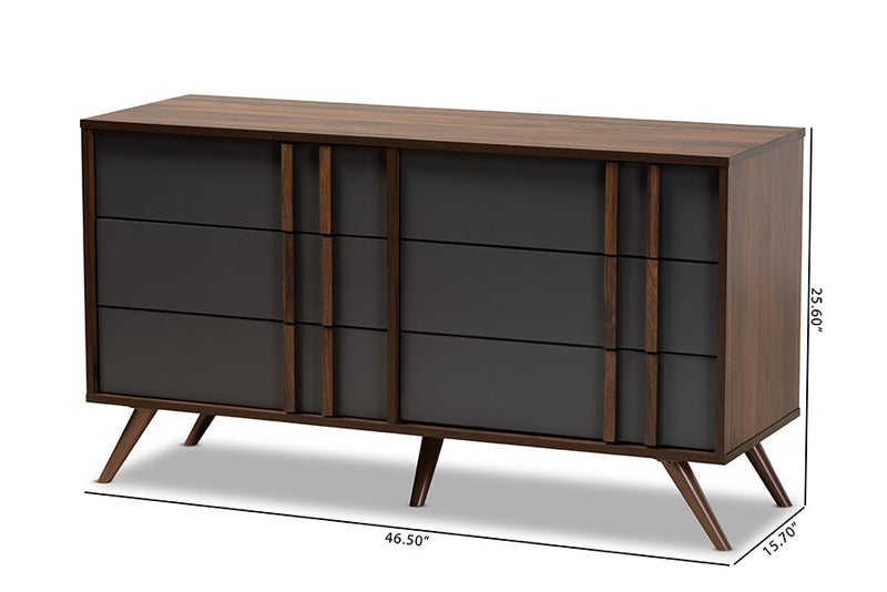 Pease Two-Tone Gray and Walnut 6-Drawer Bedroom Dresser Baxton