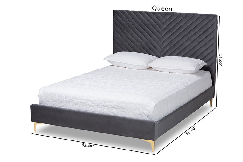 Sasha Gray Velvet Fabric Upholstered and Gold Metal Queen Size Platform Bed Baxton