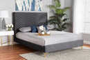 Sasha Gray Velvet Fabric Upholstered and Gold Metal Queen Size Platform Bed Baxton