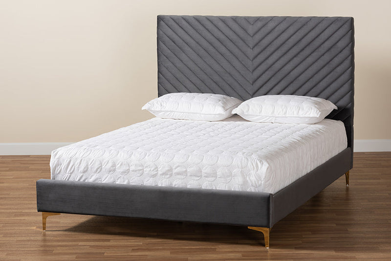 Sasha Gray Velvet Fabric Upholstered and Gold Metal Queen Size Platform Bed Baxton