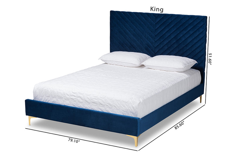 Sasha Contemporary Glam and Luxe Navy Blue Velvet Fabric Upholstered and Gold Metal King Size Platform Bed