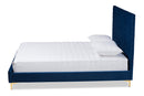 Sasha Navy Blue Velvet Fabric Upholstered and Gold Metal Queen Size Platform Bed Baxton