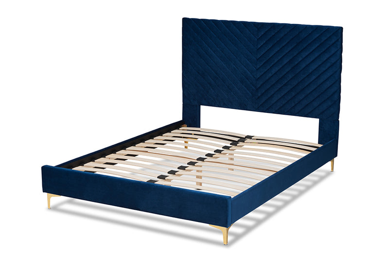 Sasha Contemporary Glam and Luxe Navy Blue Velvet Fabric Upholstered and Gold Metal King Size Platform Bed